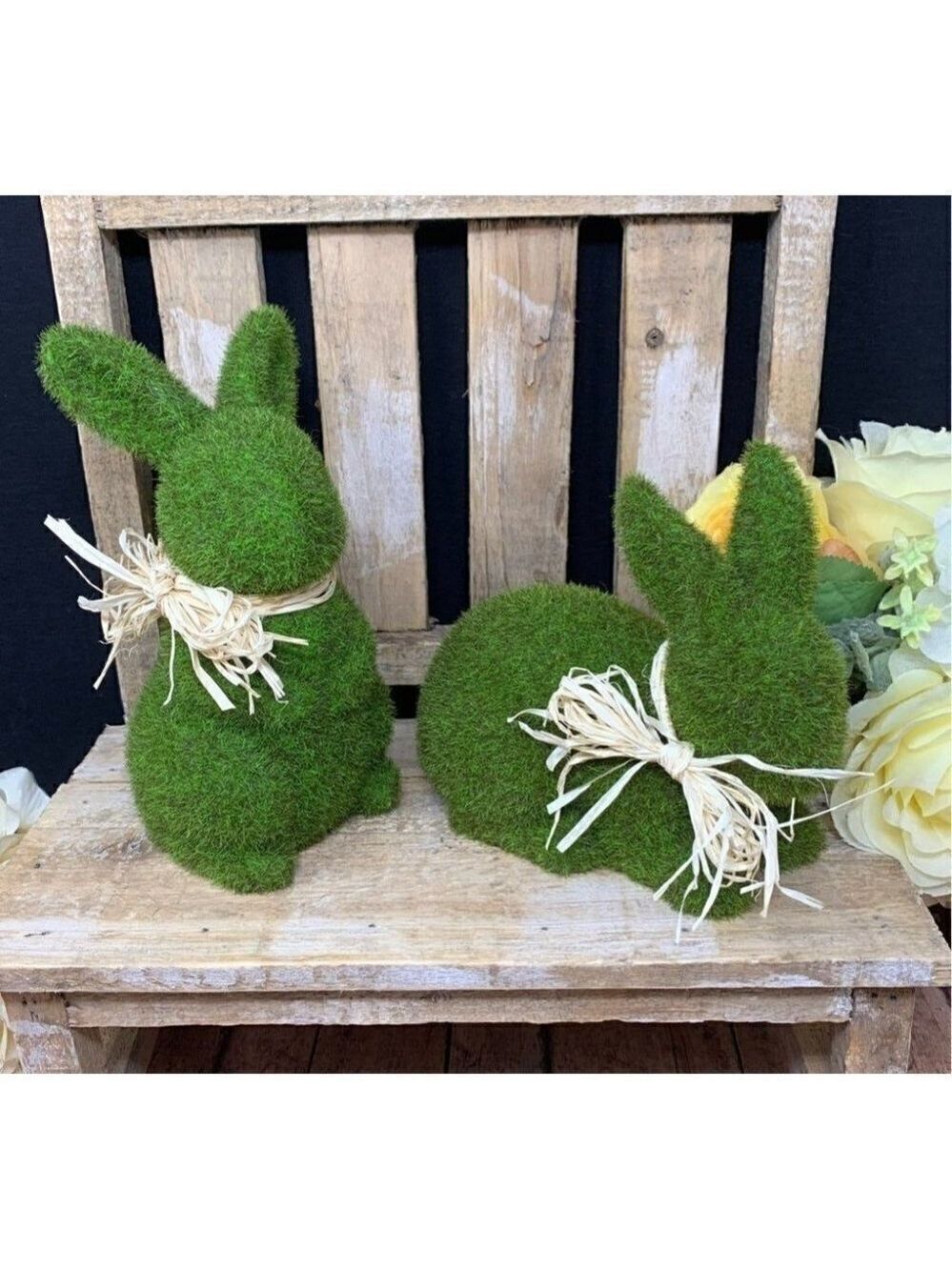 Easter Bunny Rabbit Lot Moss Flocked Covered Green Figurines Raffia Bow Set Farm